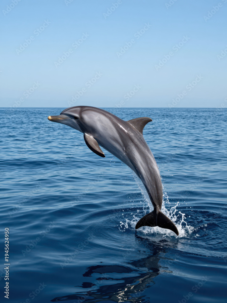 Naklejka premium Dolphin Leaping Out of Ocean Water with Splash and Ripples under Clear Blue Sky Natural Wildlife Marine Animal in Action