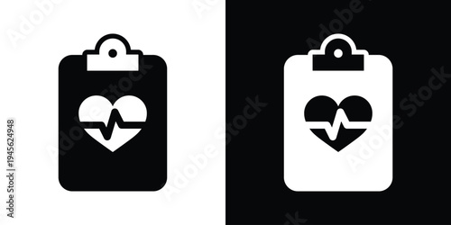 Cardiology medical report icon. Clipboard with heart shape and pulse EKG line. Vector illustration for heart health checkups, fitness tracking, and cardiovascular diagnostic data.