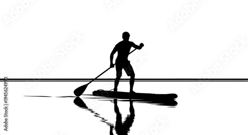 Silhouette of person paddleboarding on water in monochrome.