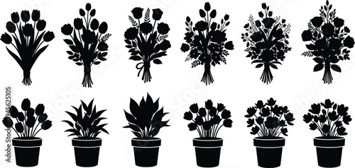 Flower bouquet and potted plant silhouettes collection, decorative floral arrangements and houseplants vector illustration set for garden design isolated on white background