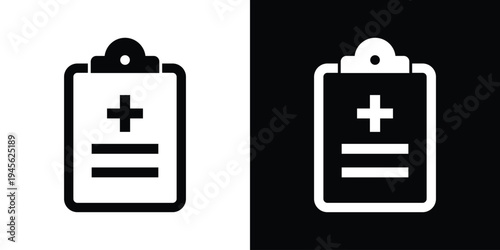 Medical prescription clipboard icon. Vector illustration of a medical report with a cross symbol. Black and white flat design for healthcare apps and clinical documentation.