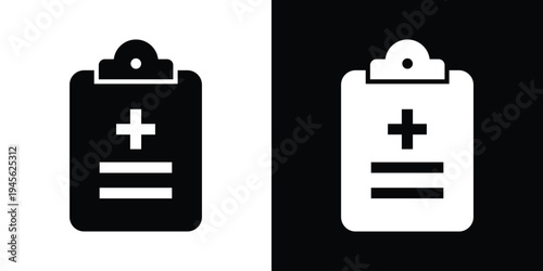 Medical prescription clipboard icon. Vector illustration of a medical report with a cross symbol. Black and white flat design for healthcare apps and clinical documentation.