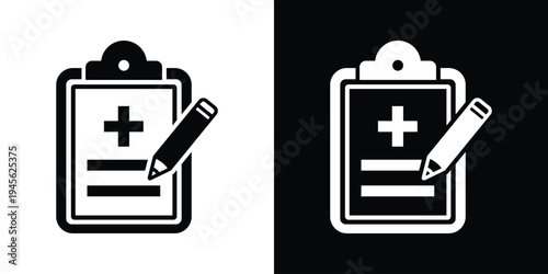 Edit medical report icon. Clipboard with medical cross and pencil symbol. Vector graphic for writing prescriptions, updating health records, and clinical data entry.