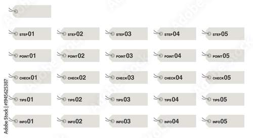 Numbered tag label set with step, point, check, tips and info, minimal vector infographic labels