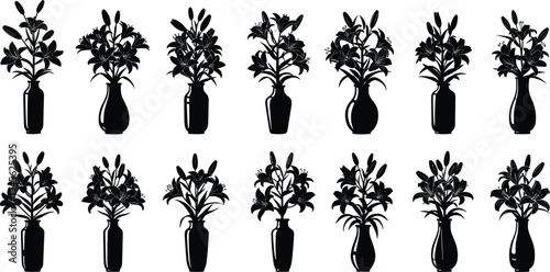 Flower vase silhouette collection with decorative floral arrangements, botanical bouquet designs in elegant vases, black vector illustration set isolated on white background