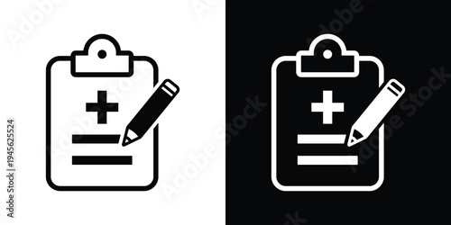 Edit medical report icon. Clipboard with medical cross and pencil symbol. Vector graphic for writing prescriptions, updating health records, and clinical data entry.