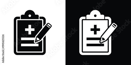 Edit medical report icon. Clipboard with medical cross and pencil symbol. Vector graphic for writing prescriptions, updating health records, and clinical data entry.