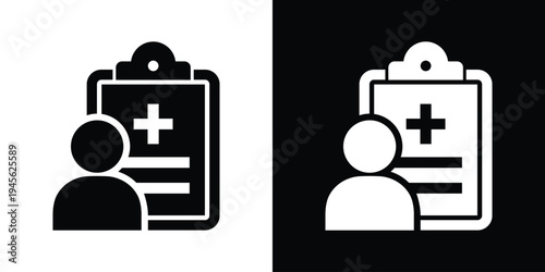 Patient medical record icon. Vector clipboard with medical cross and person silhouette. High-contrast graphic for patient profile, health history, and clinical registration apps.