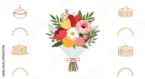 Colorful Spring Flower Bouquet with Decorative Elements