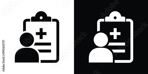Patient medical record icon. Vector clipboard with medical cross and person silhouette. High-contrast graphic for patient profile, health history, and clinical registration apps.