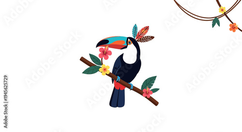 Colorful Toucan Bird Perched on Branch with Tropical Flowers and Leaves