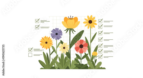 Colorful Spring Flowers with Checklists - Botanical Illustration, Checklist Concept