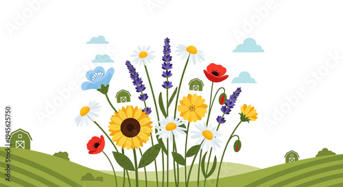 Colorful Wildflower Meadow Illustration with Barns and Rolling Hills