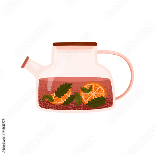 Teapot with aromatic hot black tea with green leaves and slices of oranges. Tea time. Traditional drink. Healthy and relaxing tea. Vector illustration isolated on white background.