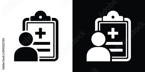 Patient medical record icon. Vector clipboard with medical cross and person silhouette. High-contrast graphic for patient profile, health history, and clinical registration apps.