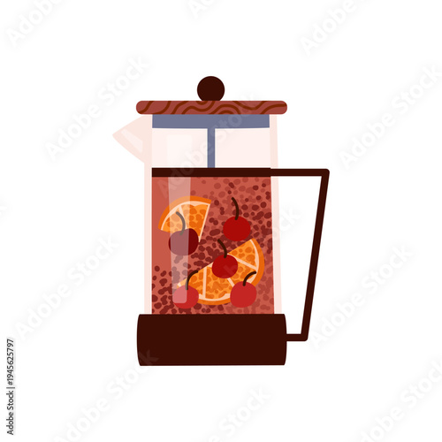 French press. Aromatic hot black tea with red berry and slices of oranges. Tea time. Traditional drink. Healthy and relaxing tea. Vector illustration isolated on white background.
