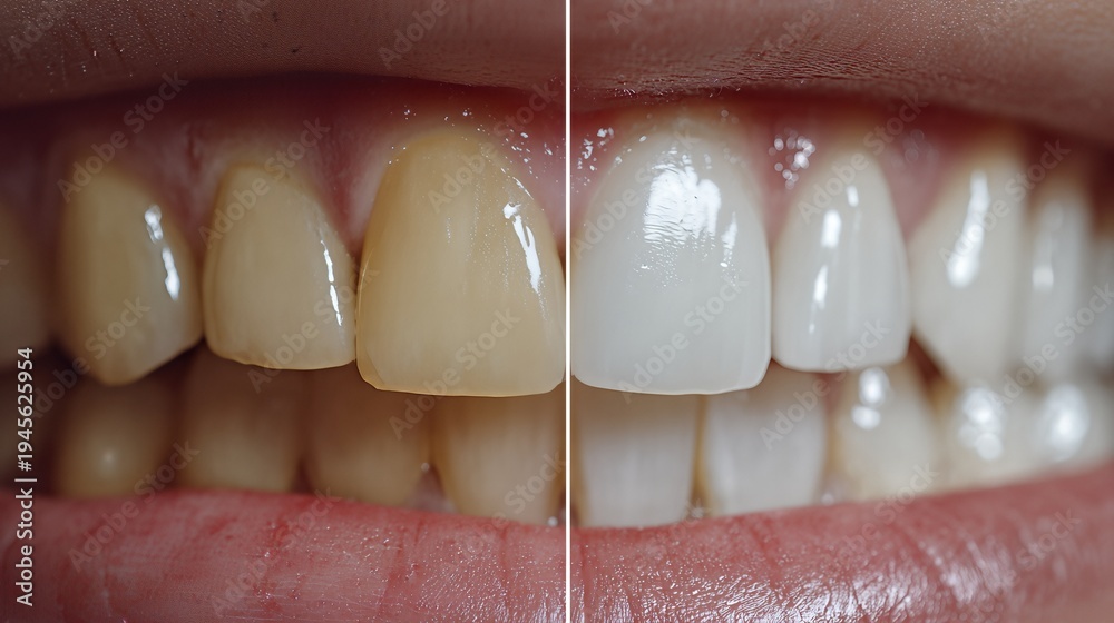 Obraz premium Teeth Whitening Reflection Showing Contrast Between Yellowed and Bright White Teeth With Detail