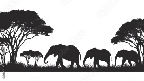 Fototapeta PNG Elephant family and forest silhouette illustration wildlife.