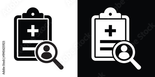 Search medical record icon. Clipboard with medical cross and magnifying glass focusing on a person. Vector symbol for patient lookup, health data research, and clinical audits.