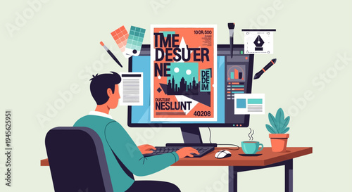 Man sitting at computer desk workspace.