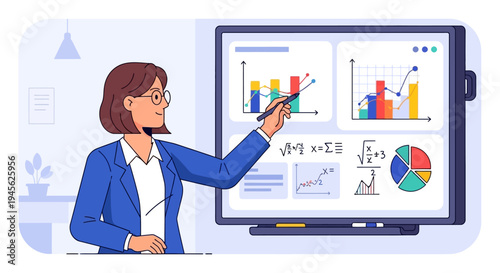 Businesswoman presenting data on screen.
