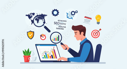 Man Analyzing Data on Laptop Computer.