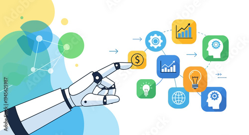 Robotic hand touching digital icons.