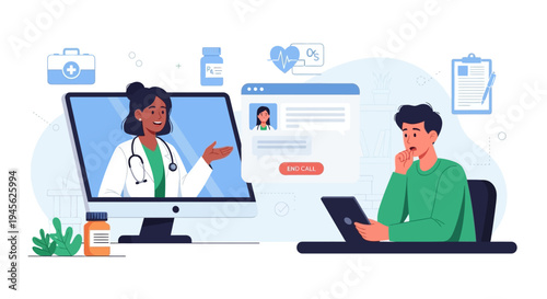 Telemedicine doctor on computer screen.