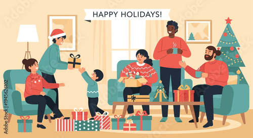 Family Celebrating Christmas Together Indoors.