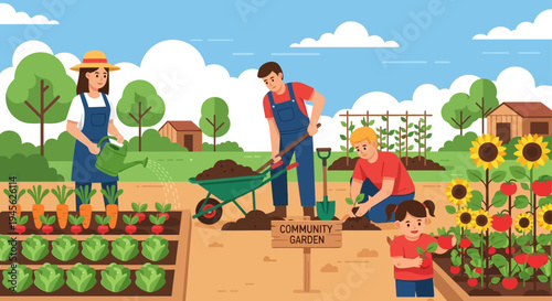 Family working together in garden.