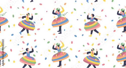 Colorful Festive Dancers Repeating Pattern with Confetti on White Background