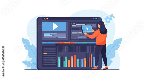 Woman interacting with large computer screen.