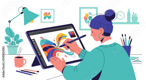 Woman using digital drawing tablet creatively.