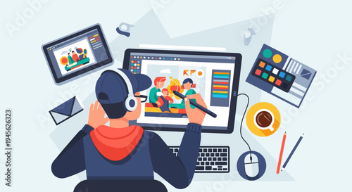 Man wearing headphones using computer.