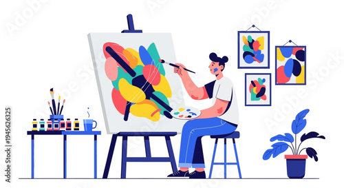 Woman painting on large canvas.