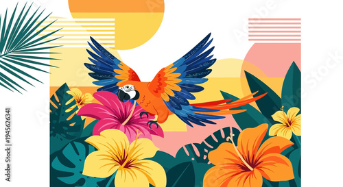 Colorful Macaw Parrot Flying Over Tropical Flowers and Leaves, Summer Vacation Vibe