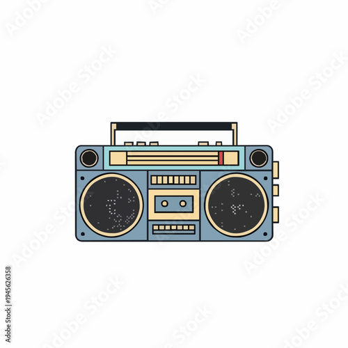 Retro Blue Boombox Cassette Player with Light Blue Handle and Yellow Accents on a White Background