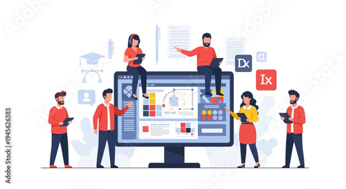 People interacting with large computer screen.