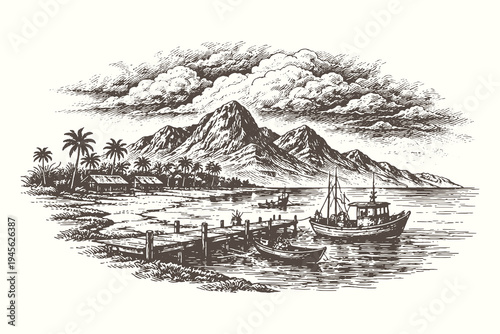 Detailed coastal engraving of a small fishing village with boats in the harbor and a tropical mountain backdrop for travel and maritime heritage.