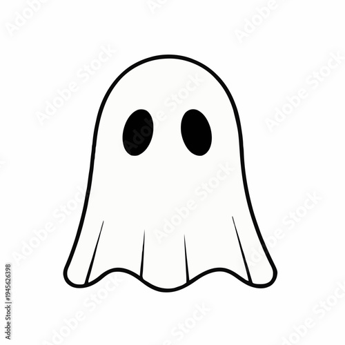A simple cartoon illustration of a friendly white ghost with black oval eyes on a white background representing Halloween and spooky themes.