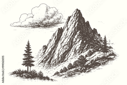 Dramatic woodcut illustration of a sharp jagged alpine peak with evergreen trees and billowing clouds for outdoor adventure and mountaineering gear.
