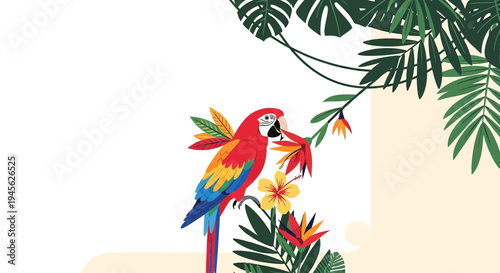 Colorful Parrot Perched on Tropical Foliage with Exotic Flowers