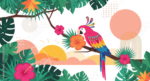 Colorful Parrot Perched on Tropical Branch with Sunset and Abstract Shapes