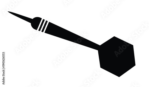 A black silhouette of a dart with a hexagonal flight, angled upwards to the left.