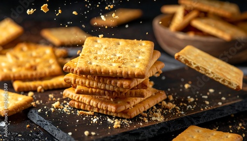 Stack of Delicious Crackers on a Dark Surface.