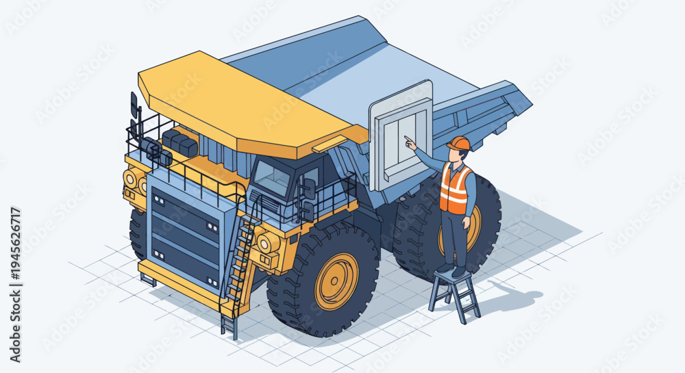 Obraz premium Isometric illustration of a large mining dump truck with a worker.