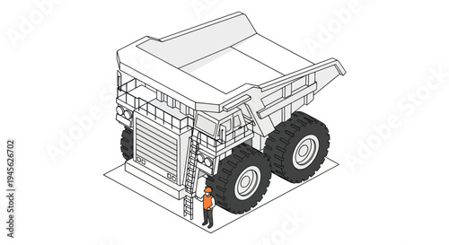 Isometric illustration of a large mining dump truck with a person for scale.