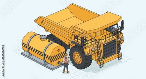 Isometric Illustration of a Large Mining Dump Truck and Fuel Tank with a Person.