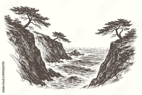 Detailed engraving illustration of rugged coastal cliffs with windswept pine trees overlooking a turbulent ocean for vintage nautical and travel decor.