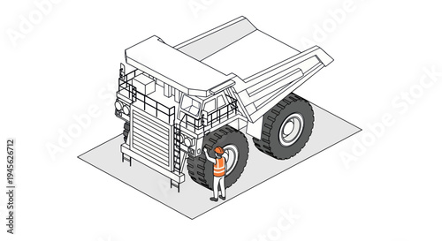 Isometric illustration of a large mining dump truck with a worker for scale.
